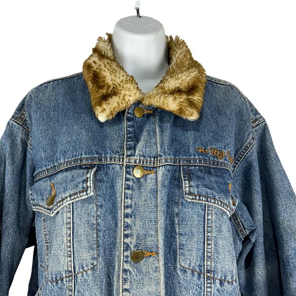 Big Dogs Womens Denim Fur Collar Jacket Large Button Up Vintage Blue - Picture 4 of 13